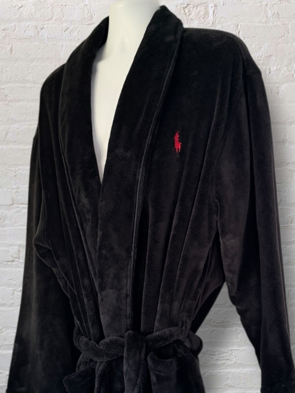 Polo Ralph Lauren Men’s Plush Fleece Bath Robe L/XL Black Red Pony Logo - Picture 4 of 9